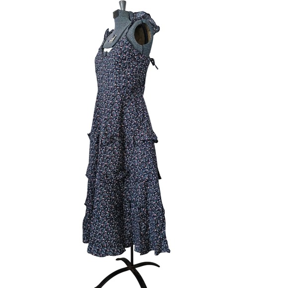 Dress Forum Navy Blue Floral Tiered Ruffle Midi Dress Smocked Back NWT Medium - Picture 3 of 14
